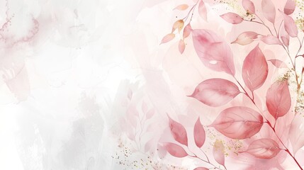 Elegant Watercolor Banner: Soft Pastel Background with Blush Pink Leaves and Gold Accents, Ideal for Nature-Inspired Art Websites