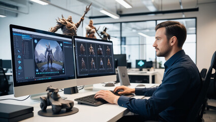 Caucasian Male Game Designer Using Desktop Computer