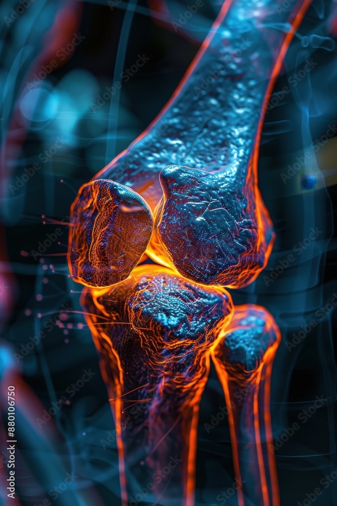 Wall mural Detailed 3D rendering of a human knee joint with vibrant glowing highlights, showcasing anatomical structure in a futuristic style.