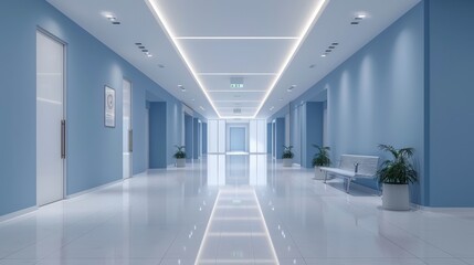 A sleek, modern hospital corridor with blue walls, white floors, and minimalist design elements including plants and benches.