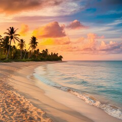 Experience the serene beauty of a tropical beach at sunset with palm trees and golden sands. This idyllic coastal photograph captures the essence of a perfect paradise.