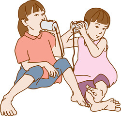 little girls playing with tin can phone, play time