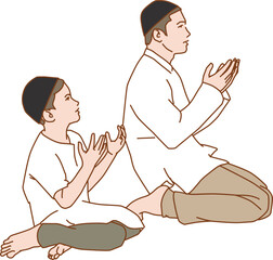 little boy with his father praying together after doing salat in the mosque