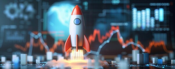 Futuristic rocket launch amidst digital economic charts, Business development, Tech innovation