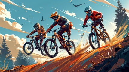 BMX riders performing tricks and racing on a dirt track, with dramatic jumps and sharp turns. Cartoon illustrations vectors Generative AI