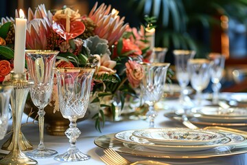 Royal table setting with gold cutlery and crystal glasses.