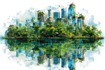 Fototapeta premium People interacting with holographic displays in a futuristic cityscape.
