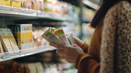 Close-up of an individual carefully reading ingredient labels on food packaging to avoid allergens, highlighting the importance of allergen awareness and prevention in everyday life.