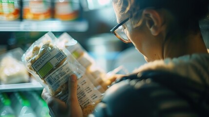 Close-up of an individual carefully reading ingredient labels on food packaging to avoid allergens, highlighting the importance of allergen awareness and prevention in everyday life.
