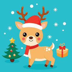 Merry Christmas, Happy New Year and Funny Baby Reindeer with Santa Hat Vector Illustration