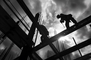 Silhouettes of Construction Workers on a Steel Structure