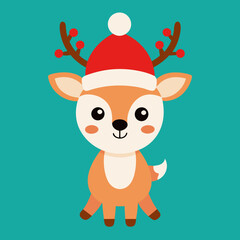 Merry Christmas, Happy New Year and Funny Baby Reindeer with Santa Hat Vector Illustration