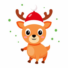 Merry Christmas, Happy New Year and Funny Baby Reindeer with Santa Hat Vector Illustration