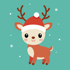 Merry Christmas, Happy New Year and Funny Baby Reindeer with Santa Hat Vector Illustration