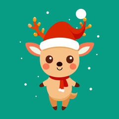 Merry Christmas, Happy New Year and Funny Baby Reindeer with Santa Hat Vector Illustration