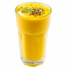 A refreshing mango lassi with a smooth, thick consistency and a sprinkle of crushed pistachios on top, isolated white background