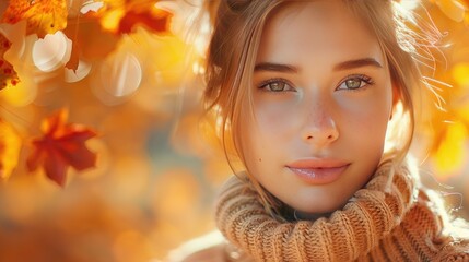 Fototapeta premium Close-Up Portrait of a Young Woman in Autumn with Falling Leaves and Cozy Sweater