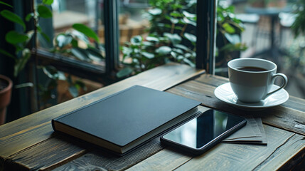 a cup of coffee on a wooden table witha black book for mockup and a phone on the background of the window.