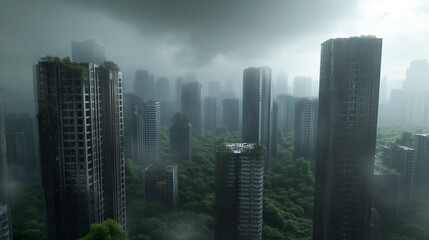 Fototapeta premium post apocalyptic concept, arial view of urban city with greenery and vegetation taking over structures, copy space