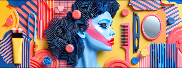 Vibrant Pop Art Beauty Composition with Creative Makeup and Hair Styling Elements