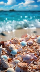 Fototapeta premium shells on a beach with the ocean in the background.
