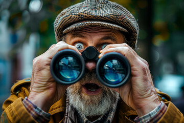 Fototapeta premium A elder man tie using binoculars. ai generative