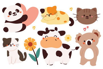 hand drawing cartoon animal sticker set. cute animal drawing, doodle set