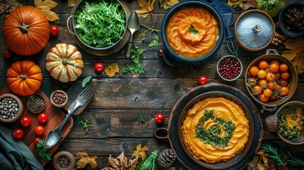 Autumn Harvest Spread with Pumpkin Soup, Fresh Vegetables, and Seasonal Decorations