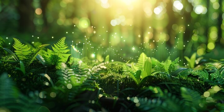 Mystical Forest Glade with Glowing Lights and Lush Greenery at Sunset