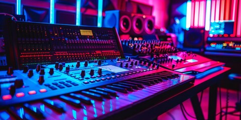Fototapeta premium Vibrant Synth Studio: Futuristic Keyboards and Mixers in Neon Glow