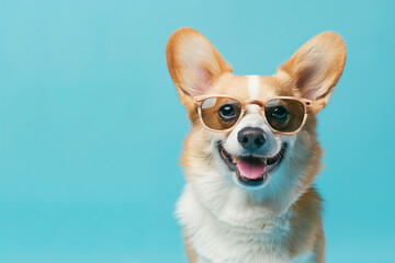 dog wearing sunglasses and a smile on blue background. 