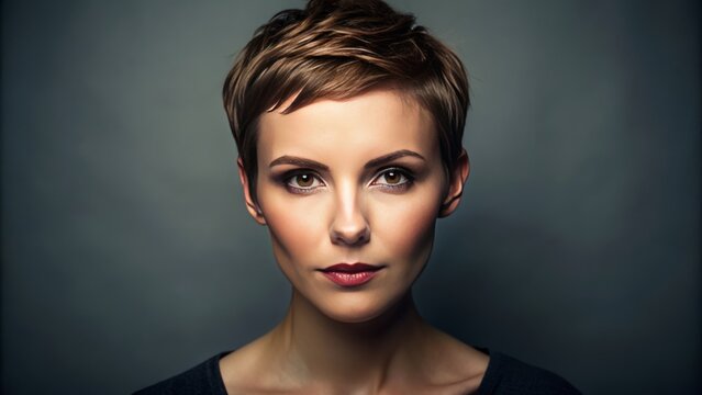 Studio portrait of a woman with a short pixie cut.