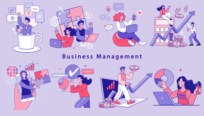 Fototapeta premium Financing business activities. Set of people in various activities of online business.
