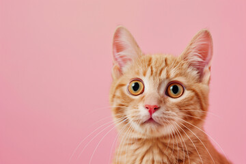 cat with a pink background and a pinkish orange fur. The cat has a greenish yellow eye and a pink nose