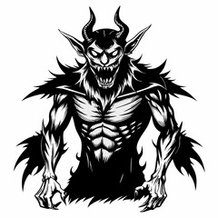 Black and White Demonic Creature Illustration with Horns and Sharp Teeth in Gothic Style