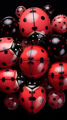 a collection of red and black beads with black dots and dots on them.