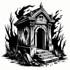 Haunted Gothic Mausoleum Illustration Amidst Spooky Forest