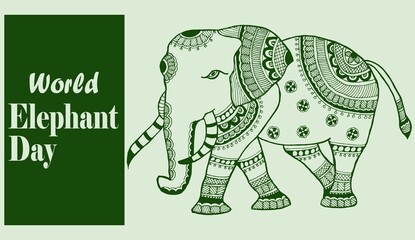 illustration image of Green elephant with World Elephant Day text in green background.