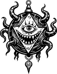 Black and White Abstract Artwork with Geometric Shapes, Eyes, and Tentacles