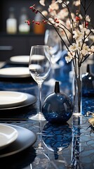 a table with plates and vases on it and a vase with flowers in it.