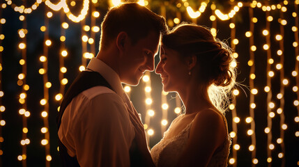 Bride and groom under a canopy of lights, highly professional photo picture featuring vibrant colors and engaging background, wedding, with copy space
