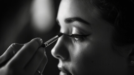 Obraz premium Close-up of bride's makeup being applied, highly professional photo picture capturing fine details and natural light, wedding, with copy space