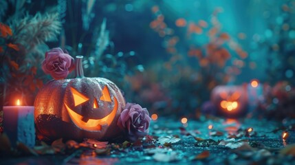 A pumpkin with a smiley face on it is surrounded by flowers and candles
