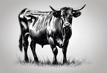 Black and white illustration of a cattle / cow with long horns standing on a plain background.