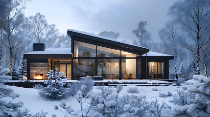 A sleek Scandinavian luxury home exterior with large glass windows, minimalist design, surrounded...