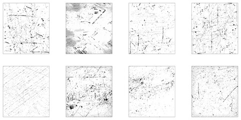 Collection of urban grungy textures. Set of Black and white grunge. Distress overlay texture. Surface dust and rough dirty wall background concept. Vector illustration.