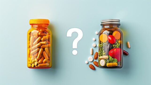 Comparison of dietary supplements and healthy foods represented by jars on a light blue background with a question mark in between.