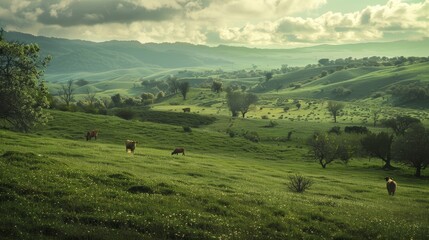 Tranquil cows grazing in lush pastures capturing rural serenity and bucolic charm
