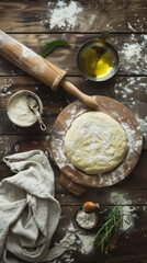 A traditional receita de massa de pizza, showing the pizza dough freshly rolled out on a rustic wooden table.