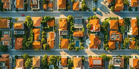 Fototapeta premium A street view of a residential neighborhood with many houses and trees